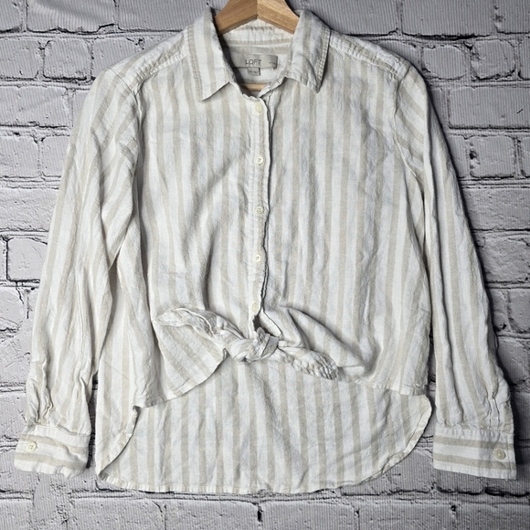 Loft Petites Striped Tie Front Linen Blend Button Up Shirt Beige White Size SP - Picture 3 of 11